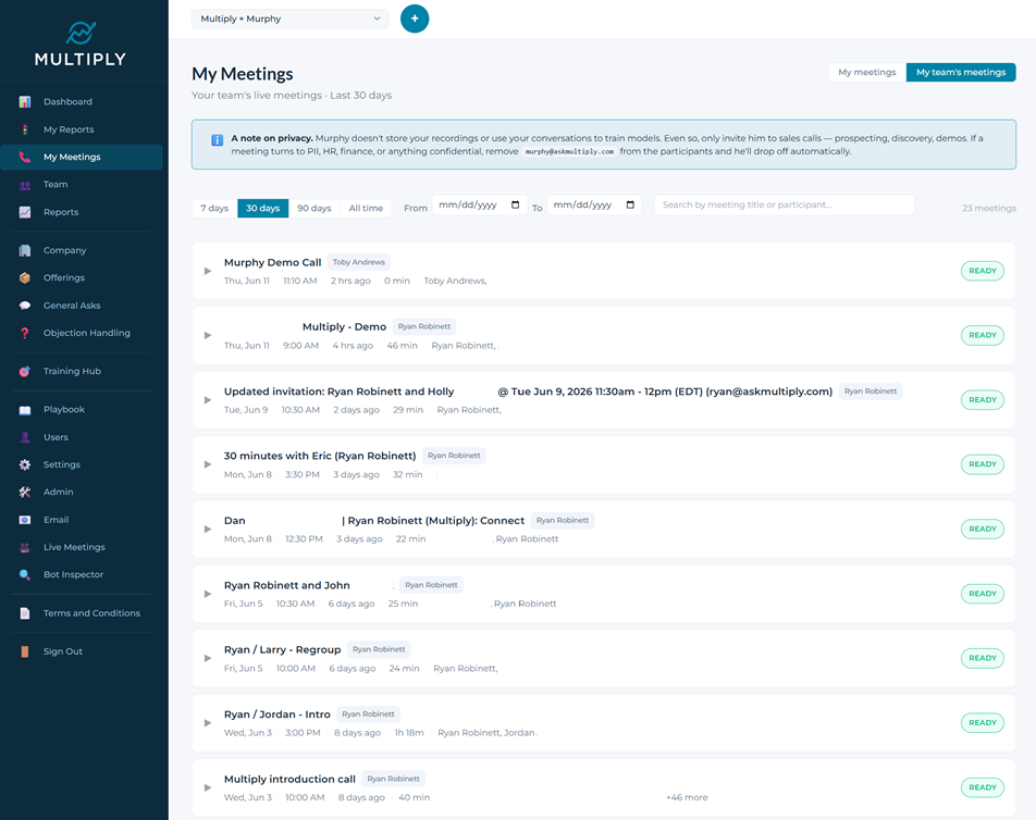 Murphy Live Meetings dashboard
